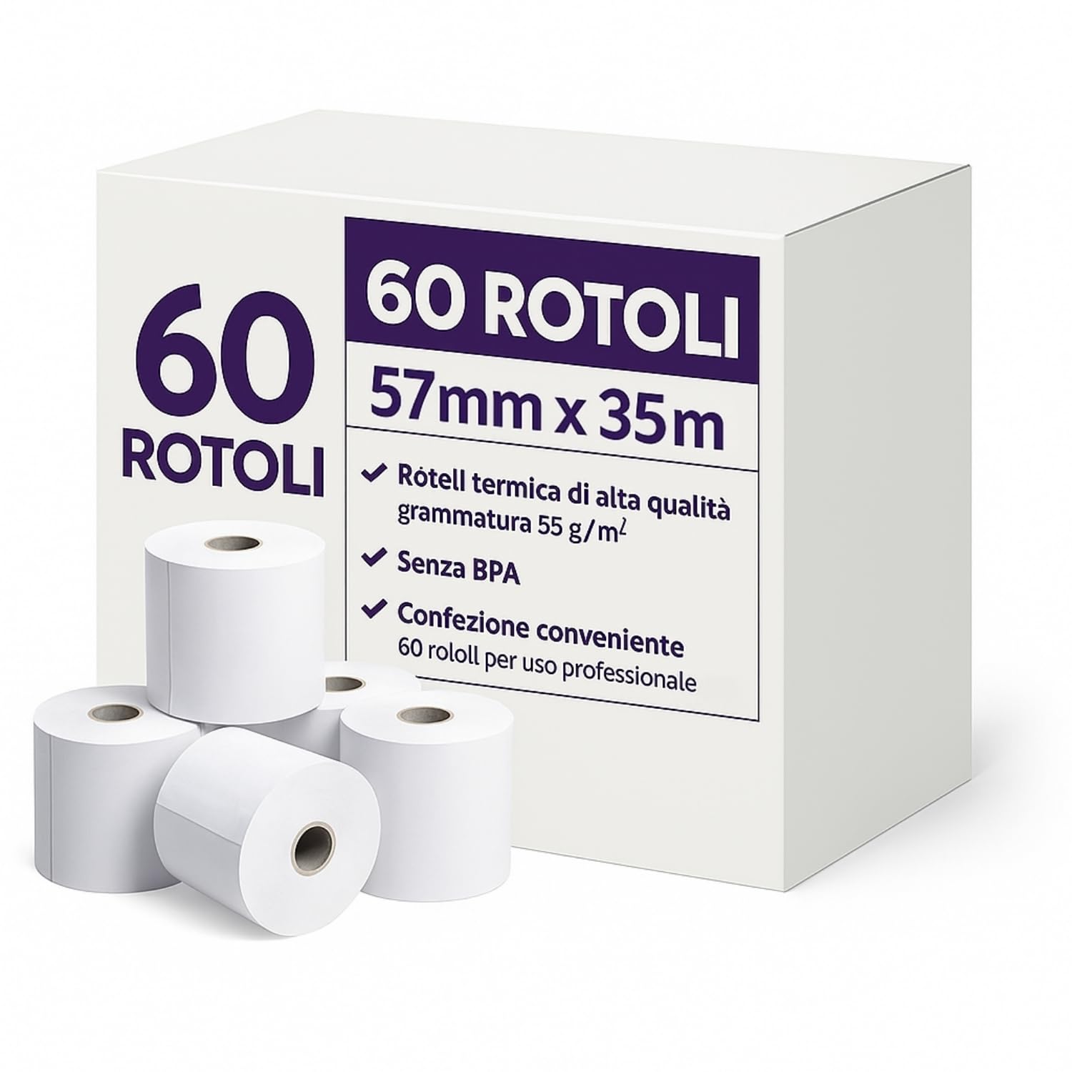 Rotoli Carta Termica 57 mm x 35 m, 55 g/m², Senza BPA, Confezione da 60, Compatibili con POS, Registratori di Cassa, Lettori Carte e Stampanti Termiche, Ricevute, Scontrini, Rotolini