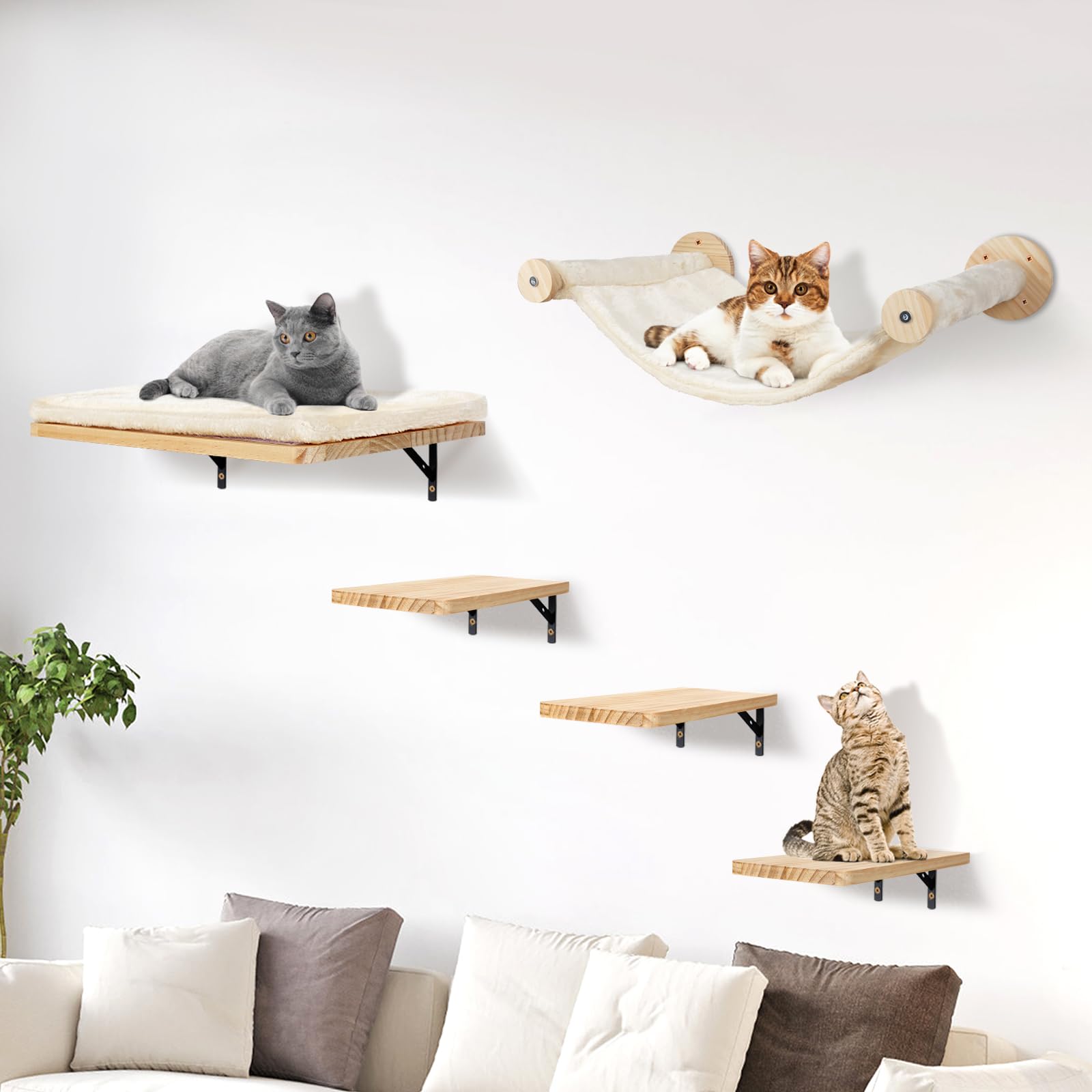 Katzen kletterwand Set mit Katzenbaum Hängematte,Katzentreppe Wand, Massivholz Katzenwandmöbel Set 5-Teiliges Katzen Wandelemente für Katze Catwalk