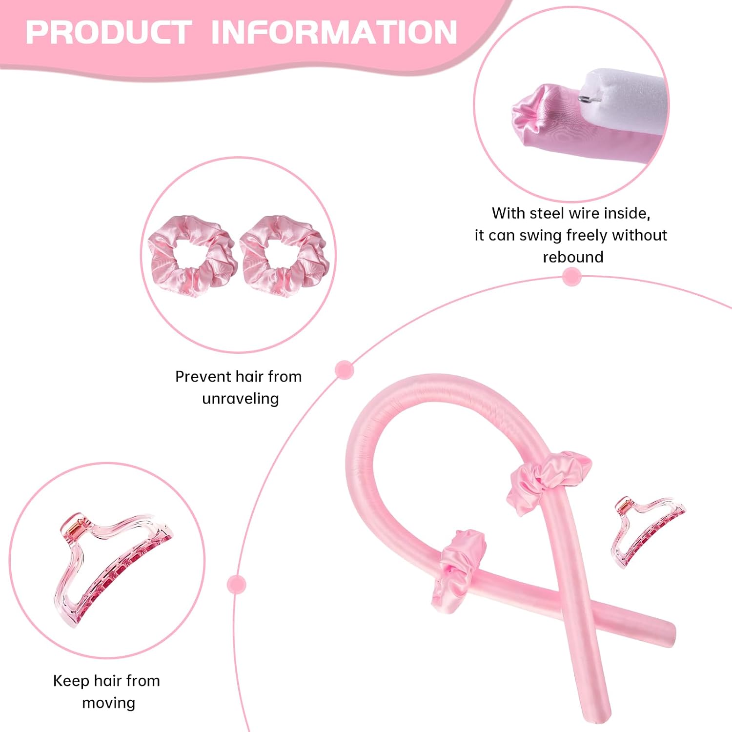 heatless curls overnight hair curlers to sleep in Silk Curl Rod Headband for Long Hair Foam Curly Ribbon Styling Tool (Pink，Satin)