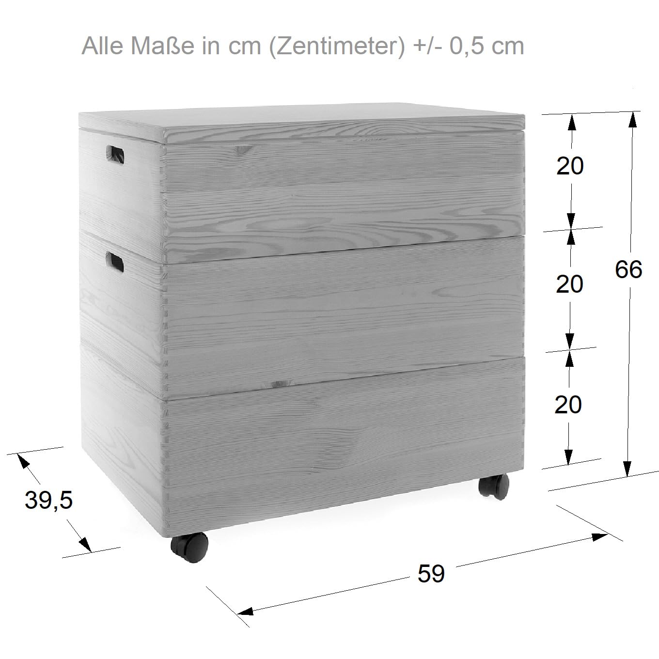 Holzkiste TRIO GR Stapelkisten Set 59 x 40 x 60/66 cm 1 Kiste mit Deckel XL Aufbewahrungsbox (mit Rollen)