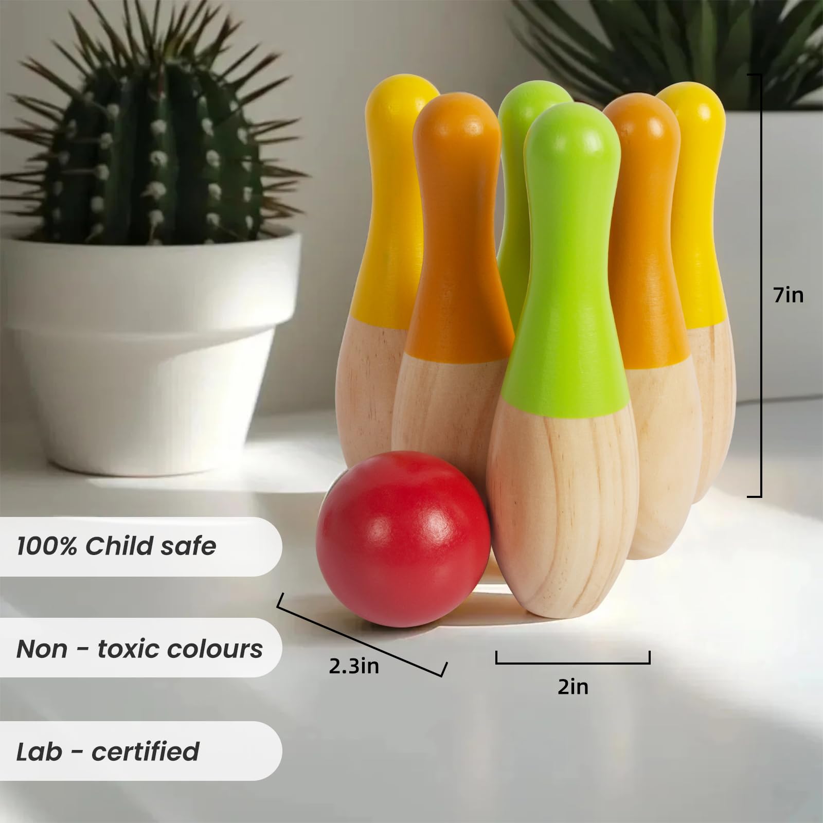WOODENFUN Jeu De Bowling En Bois – 6 Quilles Colorées Et 2 Boules – Intérieur/extérieur – Dès 3 Ans