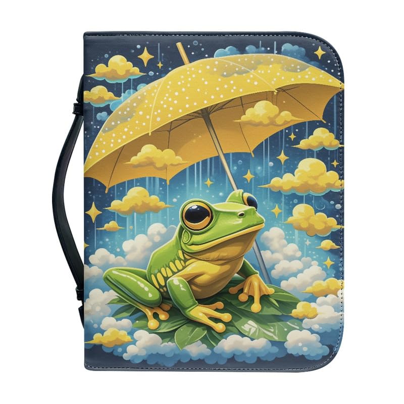 Kuiaobaty Frog Print Zipper Book Cover with Bookmark for Work,Study, Yellow Umbrella Frogs Book Carrying Bag with Handle, PU Vegan Leather,2XL — image 1