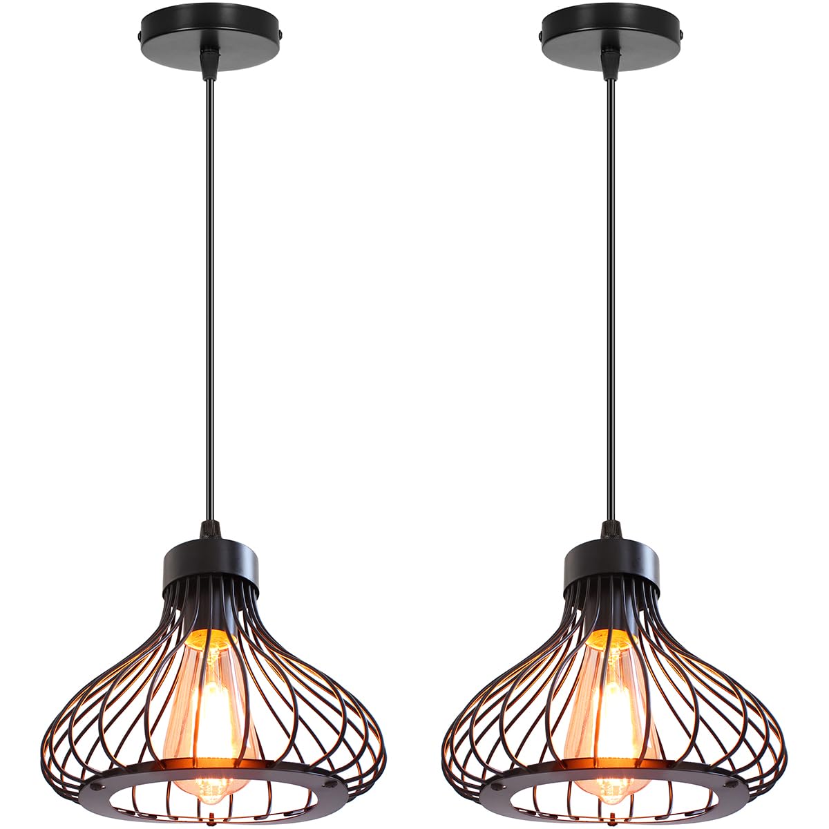 iDEGU 2 Piezas Lámparas de Techo Industriales Lámpara Colgante Estilo Vintage 23cm Pantalla de Metal en Forma de Jaula Negra Luz Colgante para Cocina Comedor Salón Bar Pasillo Restaurante (# Negro)