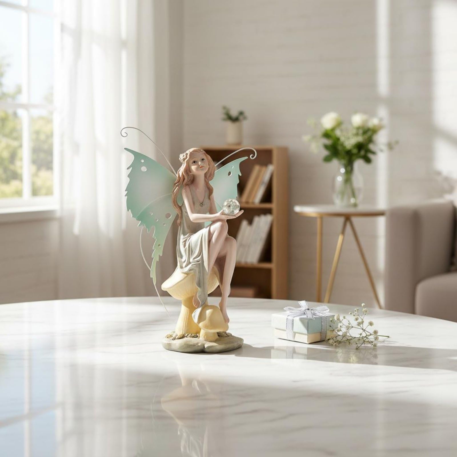 Ángel Figura Decorativa Estatua Hada Escultura de Jardín en Resina Sintética con Detalladas y Bola Cristalina Adecuado para Regalo Oficina Estudio Sala de Estar, Mirando Abajo