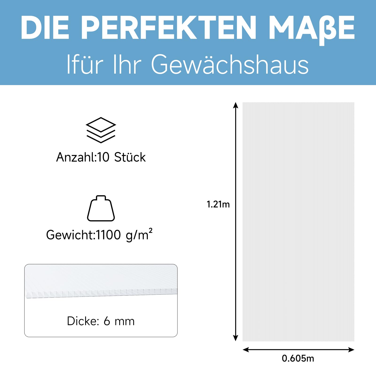 10xDoppelstegplatten 6mm,121x60,5cm Polycarbonat 7,3m² GewäChshaus Platten,Hohlkammerplatten,Stegplatten, Carport, Stegplatten, BestäNdig FüR GewäChshaus Gartenbau (60,5 x 121cm)