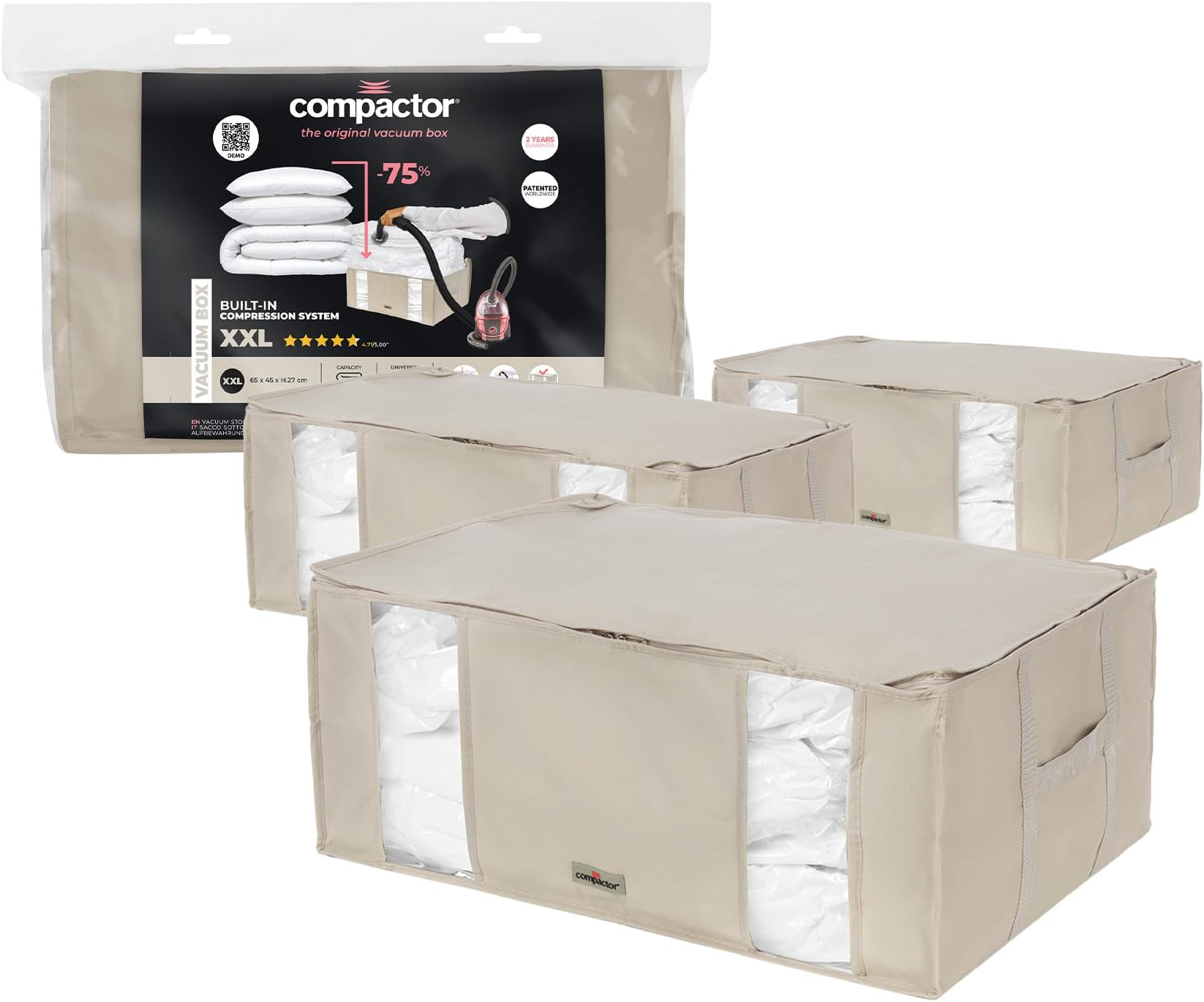 Compactor Set of 3 Space Saving Semi Rigid Vacuum Storage Boxes, Size XXL, 210 Litre, 65 x 45 x 27 cm, 2.0 Life Range, Beige, RAN8790