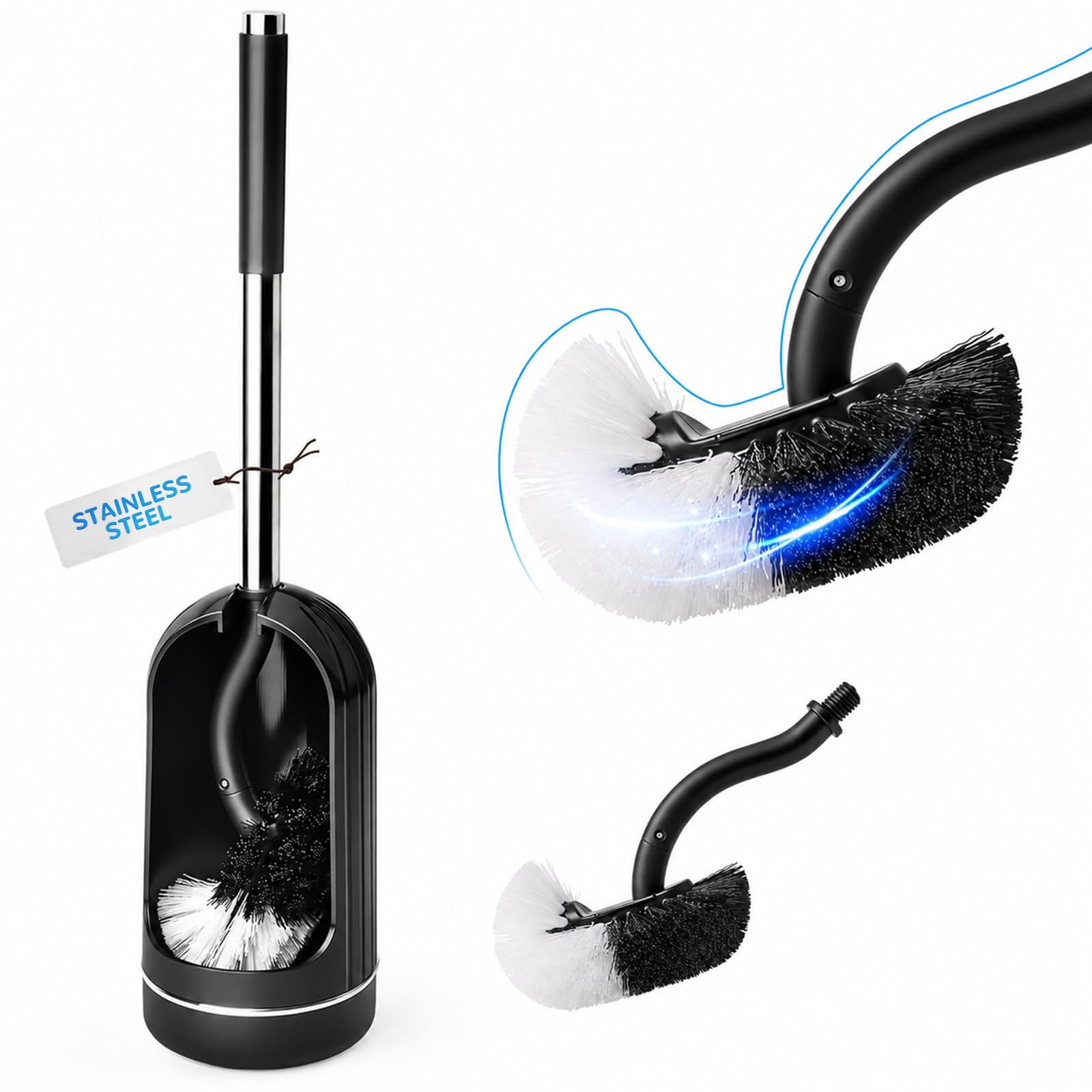 Topsky Toilet Brush and Holder Set, Curved Toilet Cleaner Brush with 1 Replacement Toilet Brush Head, Loo Brush and Holder Set (Black)