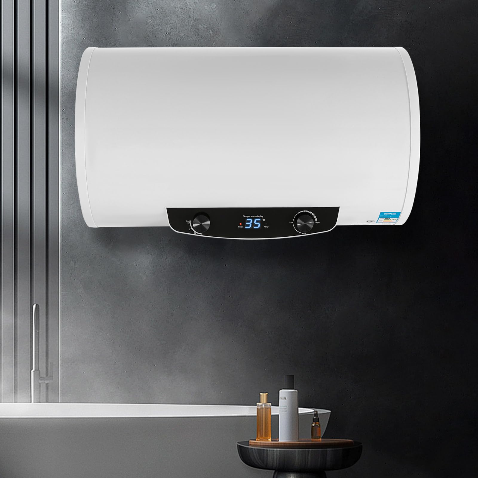 50L/120L Riscaldatore di acqua orizzontale elettrico, serbatoio d'acqua elettrico, potenza di riscaldamento 2000 Watt e termometro, scaldacqua elettrico, valvola di sicurezza, kit doccia. (120L)