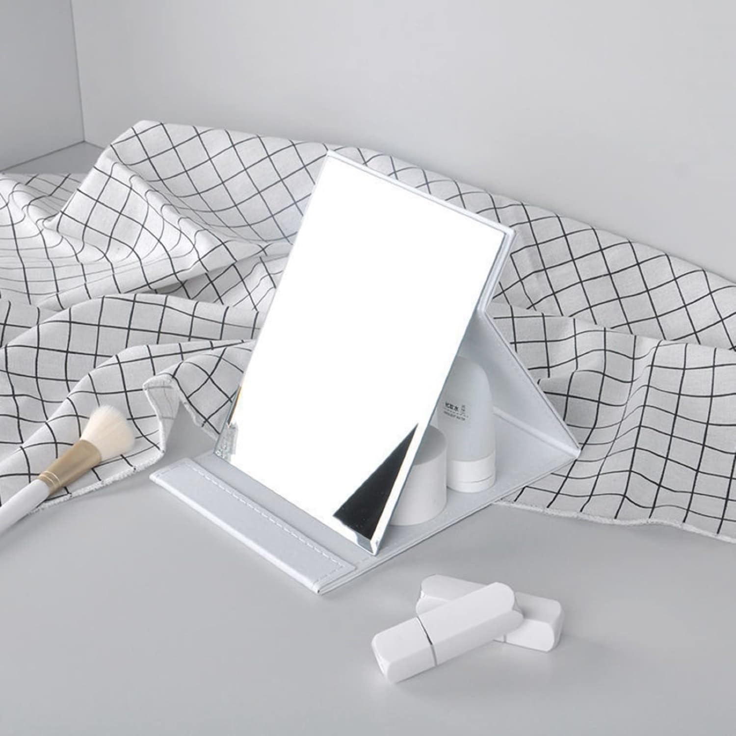 ONICORN® Foldable Makeup Mirror with Stand, Compact Portable Folding Free Standing Travel Vanity Mirror, Frameless PU Leather (White-Pack of 1, Unframed, Rectangular, Floor Mount) 2