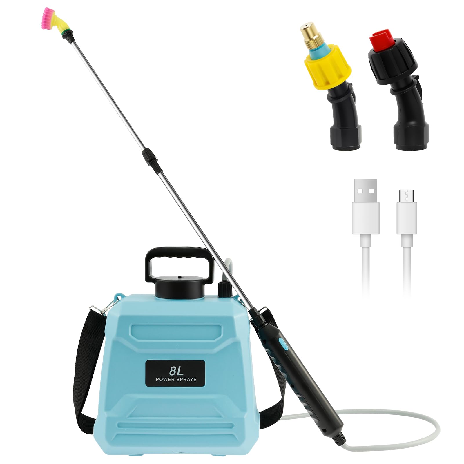 Opryskiwacz ciśnieniowy 8 litrów, zasilany bateriami, z 3 dyszami przeciwmgielnymi, ergonomiczny elektryczny spray z regulowanym paskiem na ramię, do strzykawek ogrodowych, strzykawek do chwastów (8 l
