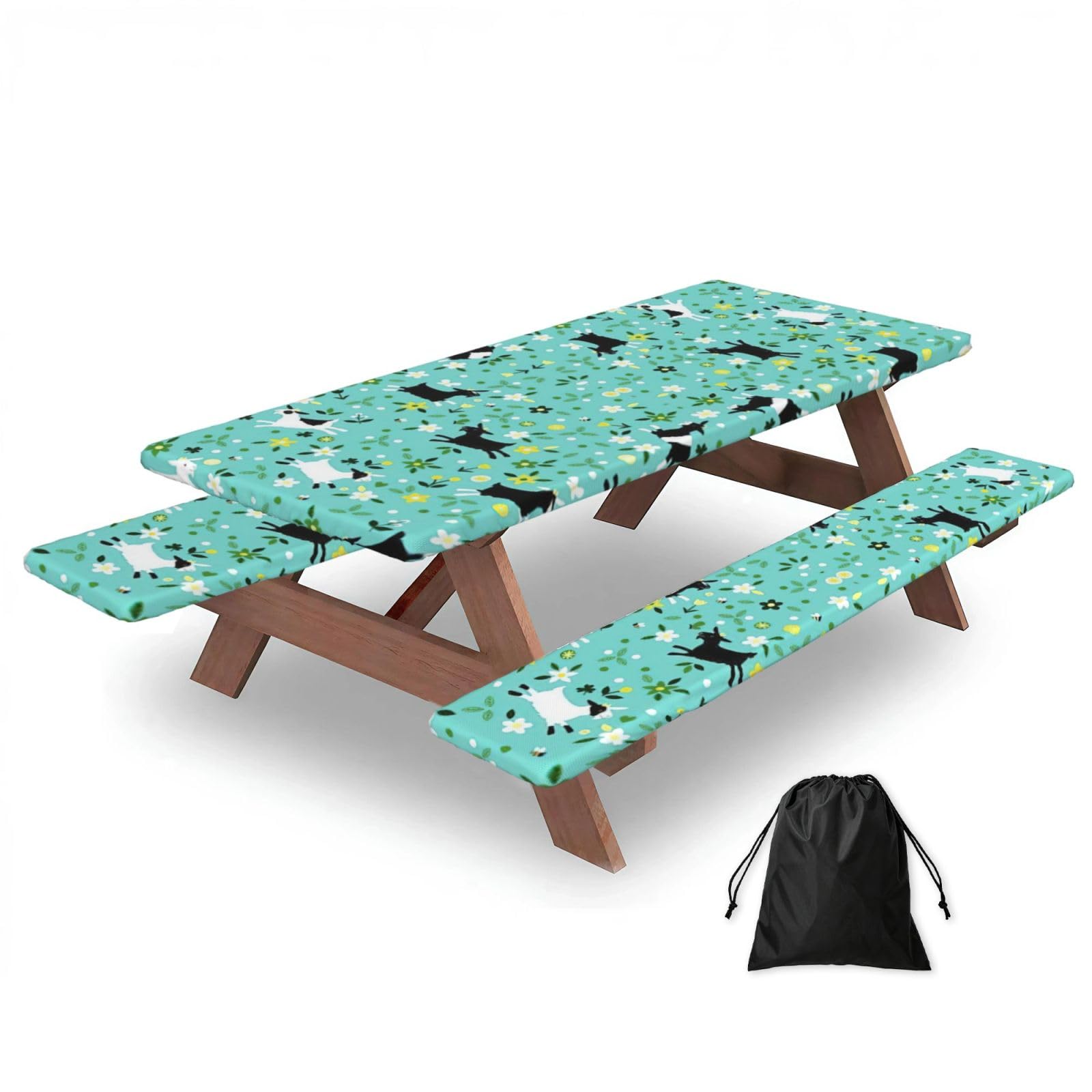 Zyjhyy Black Goat Frolic Print Party Table Covers With Bench Covers Set Of 3 Picnic Table Cloth Wipe Clean For Garden Camping