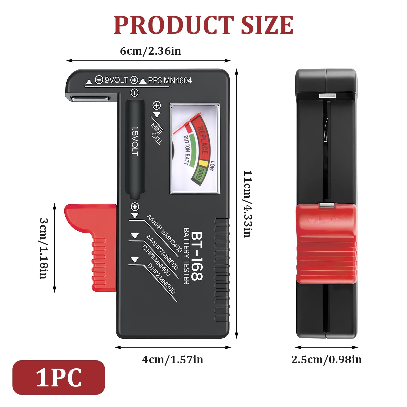 Testeur de Piles Universel, Testeur de Numérique Pointeur Piles pour AA AAA C D 9V 1.5V Batterie Bouton Vcontrôleur de Tension de Batterie Fonctionne Sans Pile Précis et Portable (Modèle: BT-168)