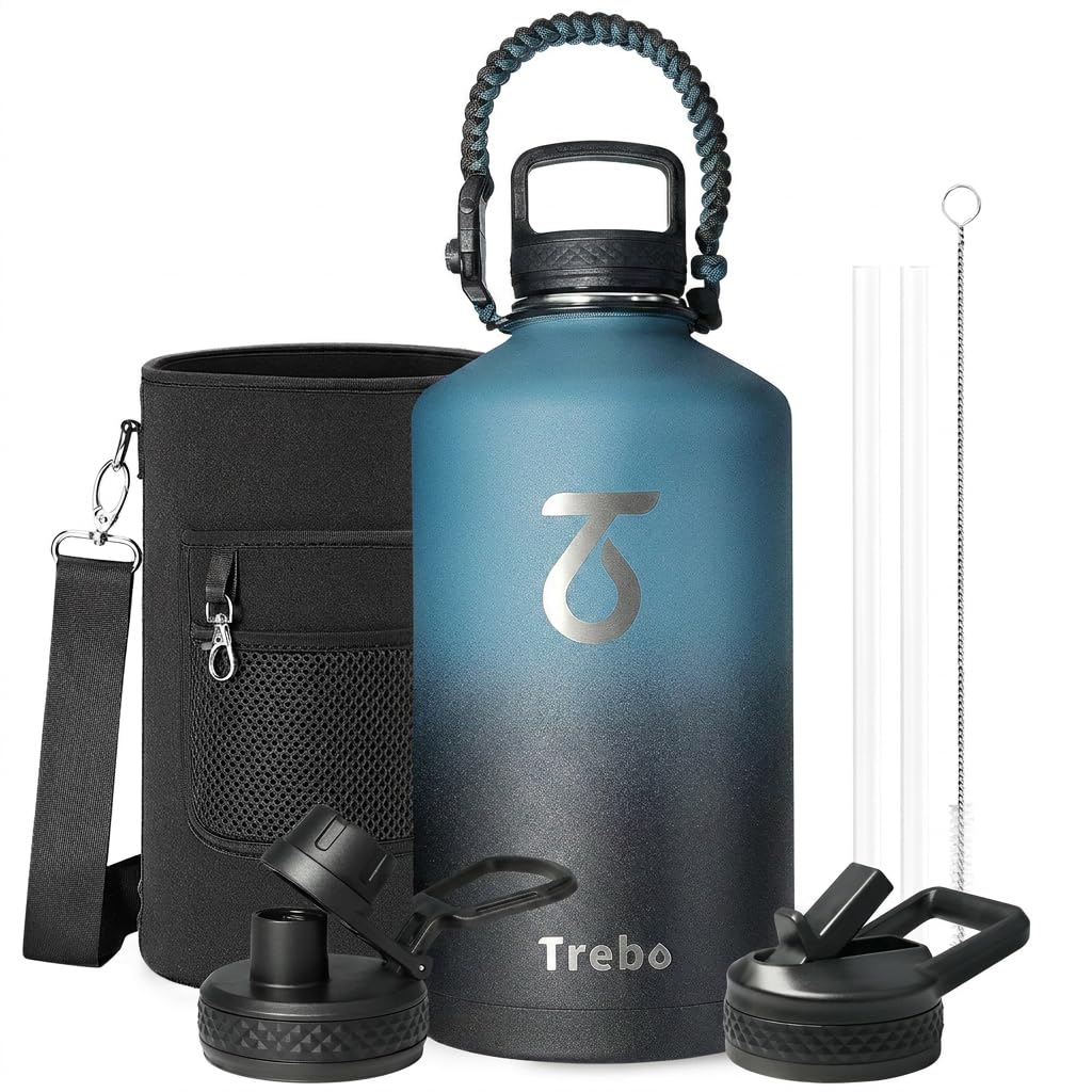 Trebo 3.8 L Edelstahl Trinkflasche Isoliert mit Paracord-Griff & 3 Deckeln