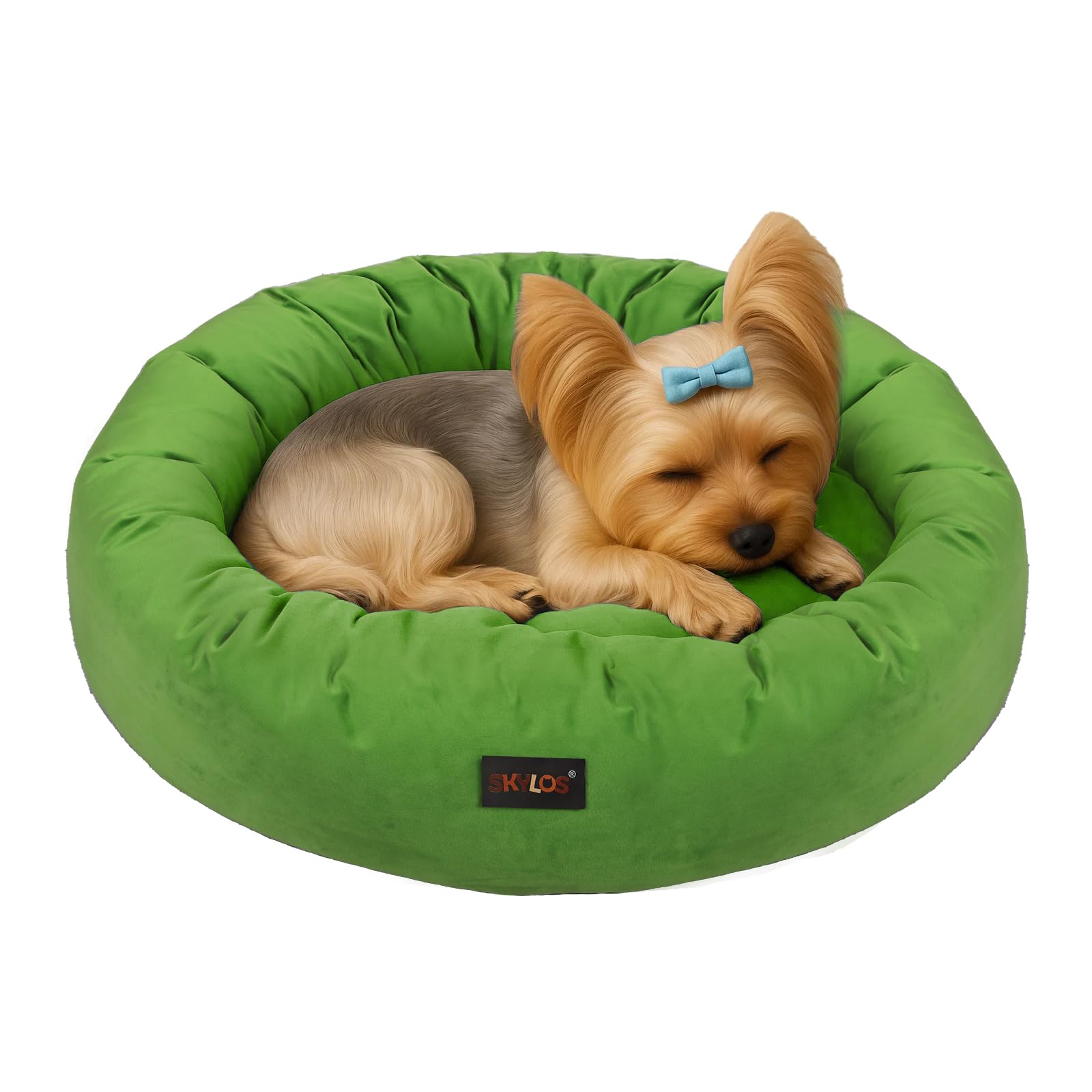 Skylos Doughnut Dog Bed 65 cm, Soft Plush Round Puppy Bed with Supportive Filling, Washable Removable Cover, Non-Slip Base, for Puppies, Adult Dogs and Cats, Green