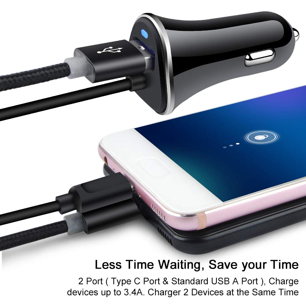 3.4A Car Charger Adapter for Samsung Galaxy S23/S22/S215G/S20,A73 A53 A13 A72 A52 A54 A14 A24,Google Pixel 8Pro/8a/8/7/7a/6a/6/5/4,LG Stylo 6 5,Moto,G Fast,USB C Car Plug with 3ft Type C Charger Cable