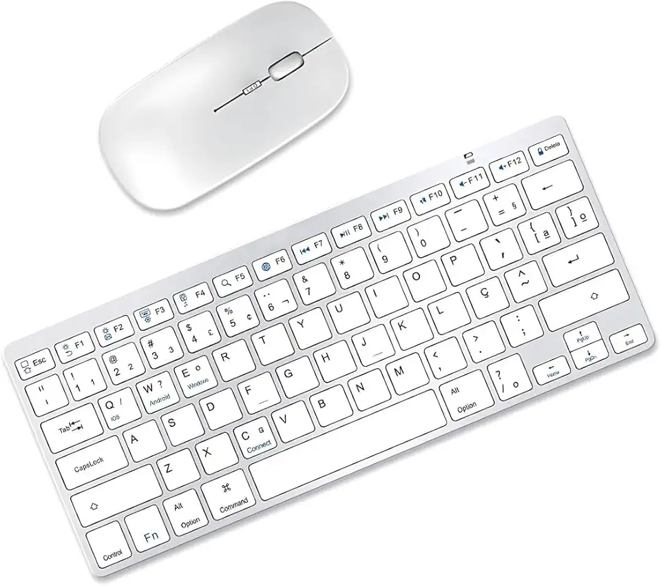 KIT Teclado e Mouse Sem Fio Bluetooth para Tablet Macbook iPad iMac Notebook PC, Premium Silencioso Minimalista Portátil ABNT2 - Branco