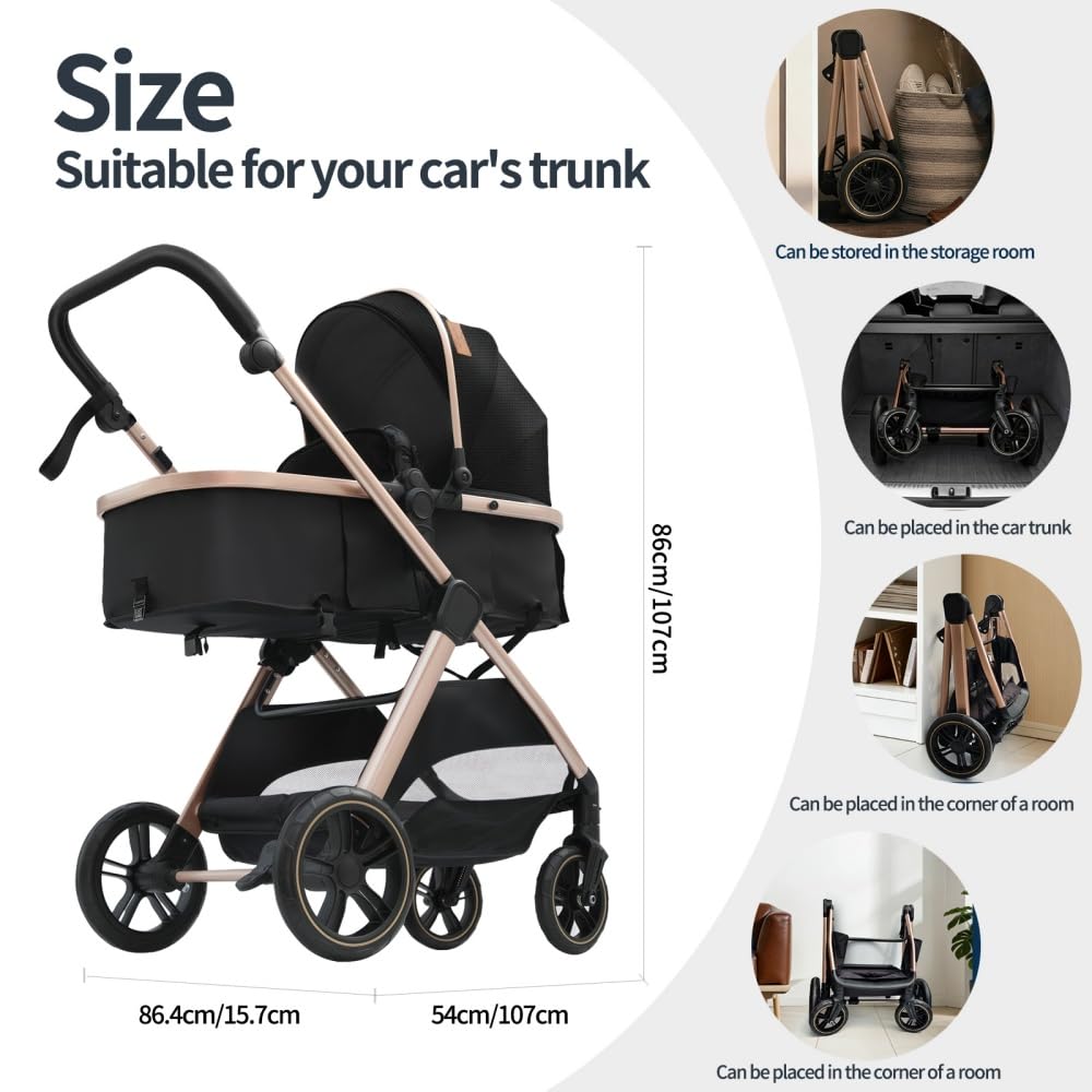 3 in 1 Kinderwagen, PU-Ledergriff, Schwarz-Gold, faltbar, Moskitonetz & Regenschutz