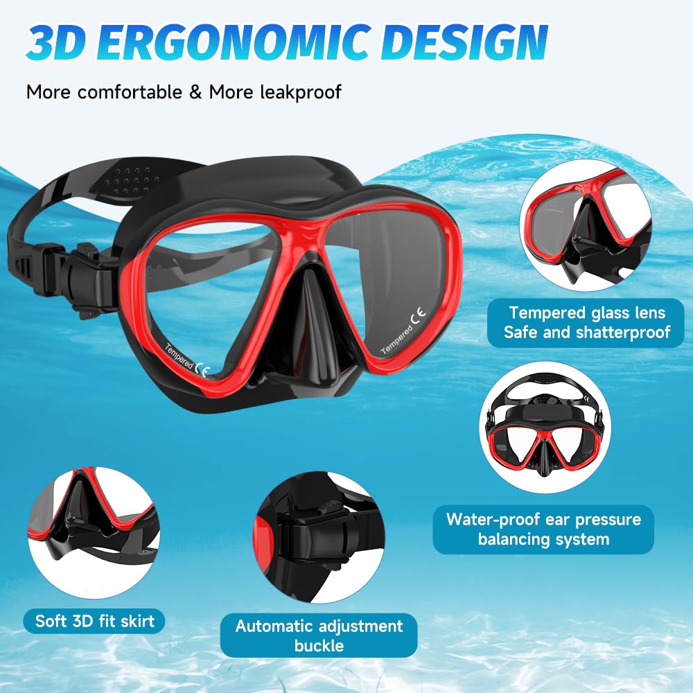 Findway Masque de Plongée Adulte, Kit Plongée Snorkling pour Femme Homme Ensemble Masque Plongée en Verre Trempé Large Vue, Anti-Fuite, Anti UV