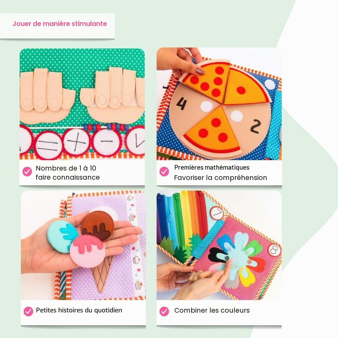 Jolly Designs 1, 2, 3 - 10 pages Premium - Quiet Book - Jouet Montessori à partir de 3 ans - Favorise la motricité et les capteurs - Livre de feutre fait à la main - Jouet éducatif pour les