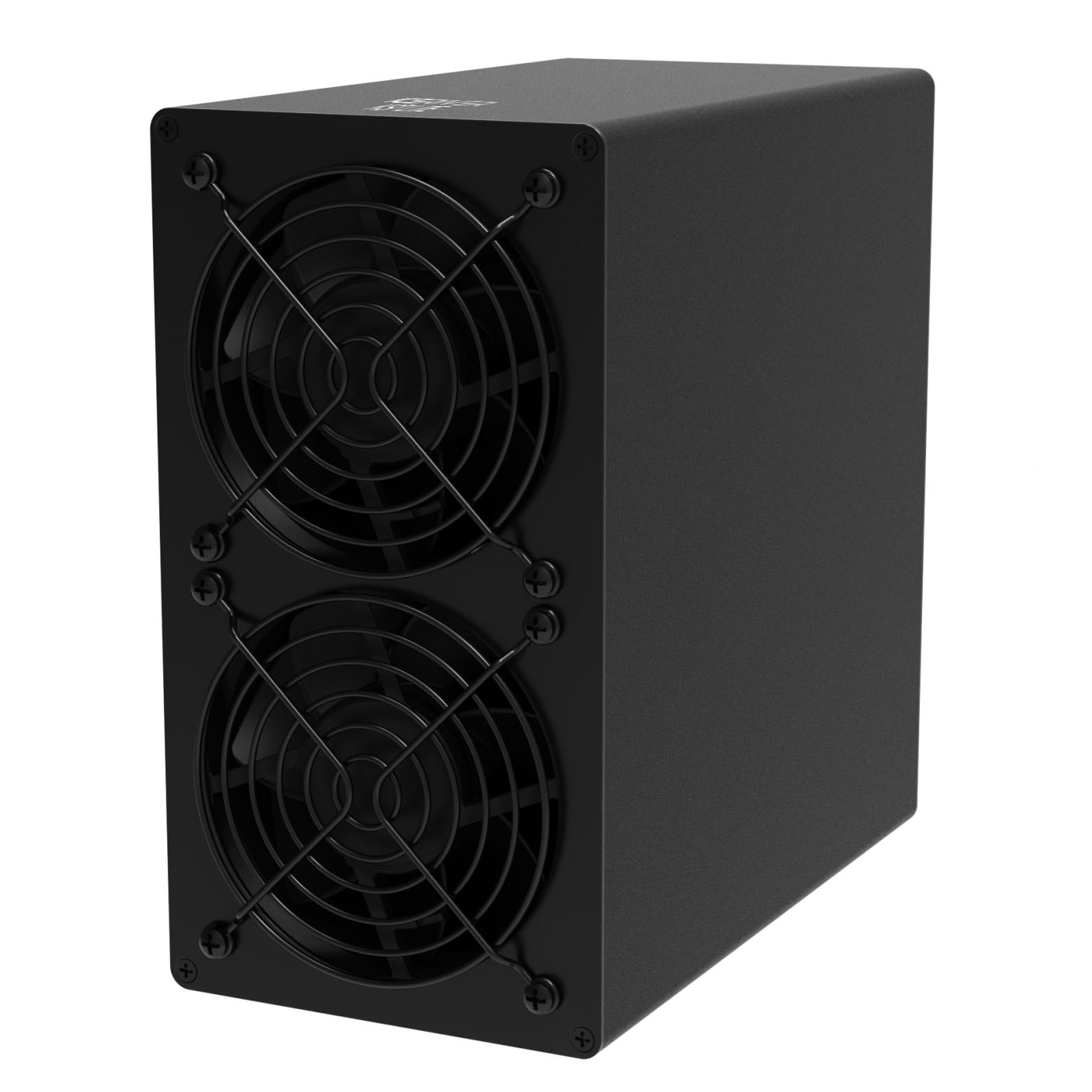 Side-front view of the ICERIVER KS7 LITE Kaspa Miner, showing the compact black casing and cooling fans.