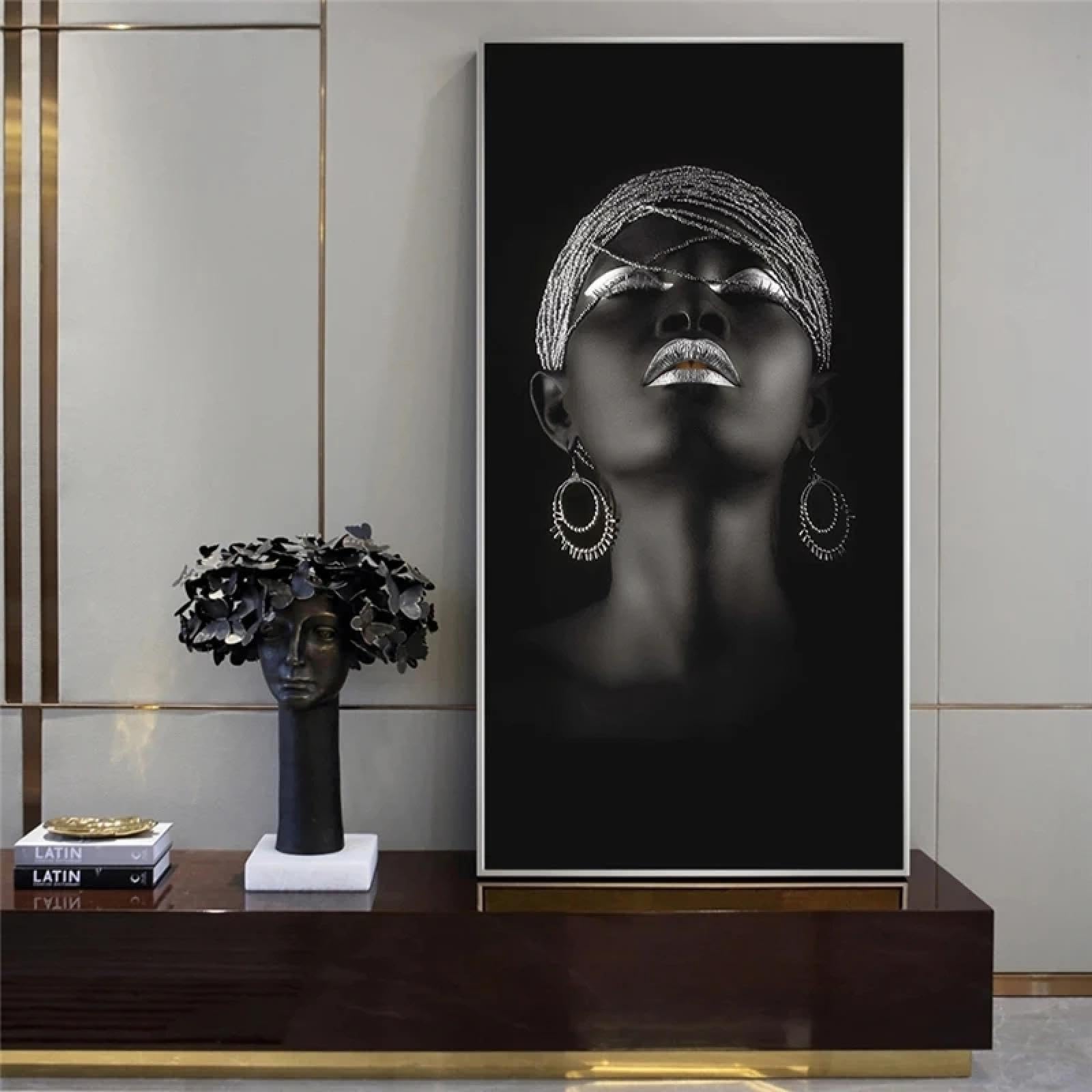 ZHAOLIN Donna nera con gioielli in argento Dipinti su tela Immagini da parete Immagini di arte africana Poster e stampe per la decorazione domestica moderna 60x120 cm (24x47 pollici) Senza cornice