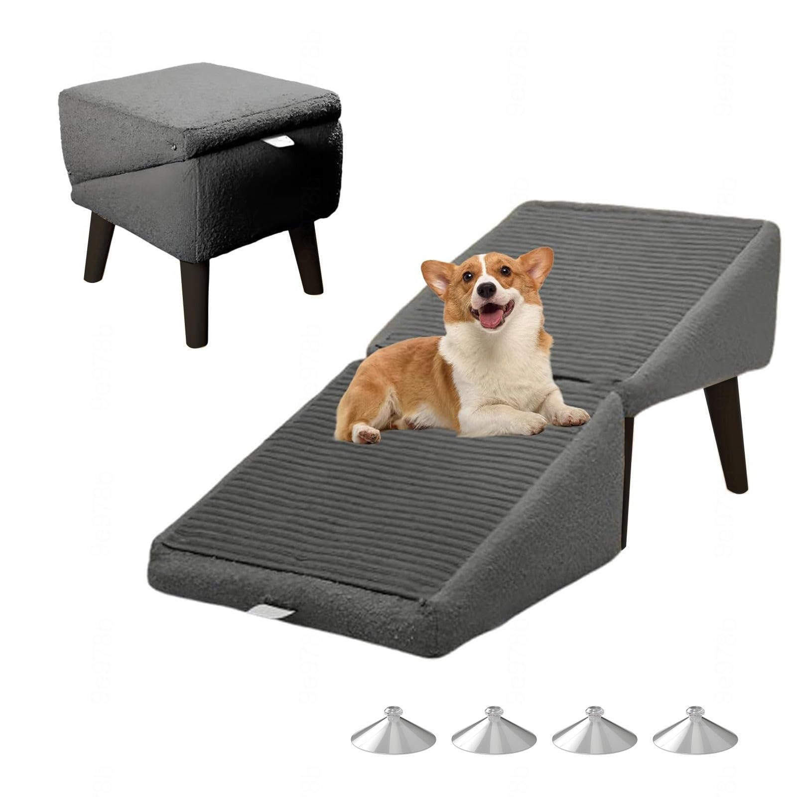 Zaizaismao Grey Split Ottoman Dog Ramp, 2-In-1 Lightweight Folding Ramps For Dogs To Get On Bed, Dog Ottoman For Bed, Couch, Pet Steps,Gray