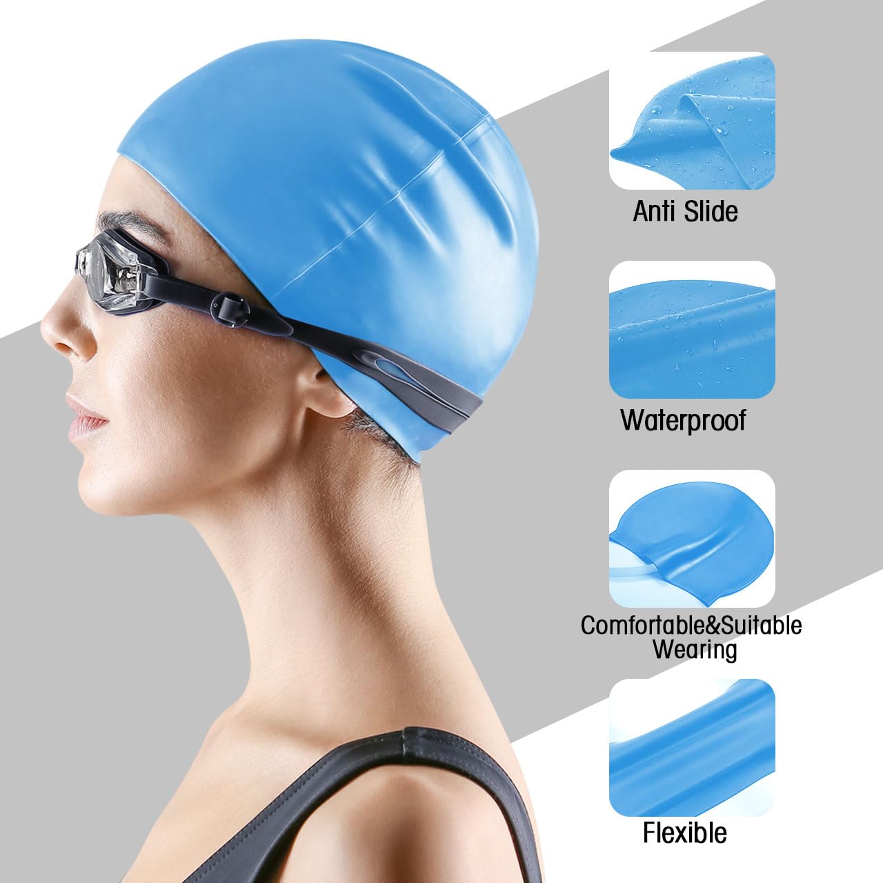 Generic Silicone Swim Cap for Women and Men, Durable Soft Flexible Waterproof Swim Cap for Unisex Adult and Youths Kids(Blue)