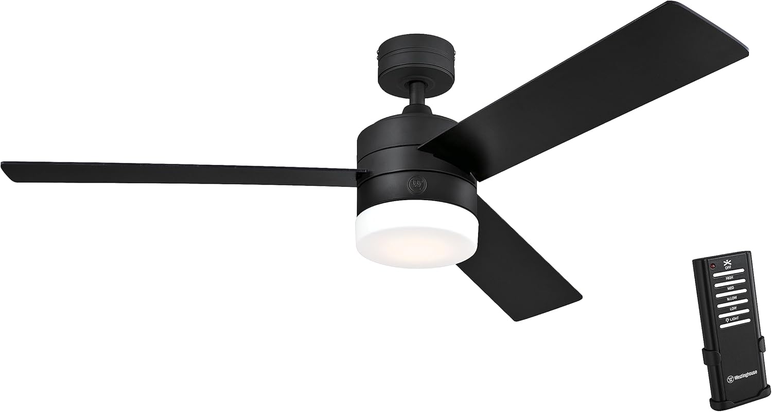 Westinghouse Lighting 7205900 Alta Vista 52-Inch Matte Black Indoor Ceiling Fan, Dimmable LED Light Kit with Opal Frosted Glass, Remote Control Included Matte Black Ceiling Fan