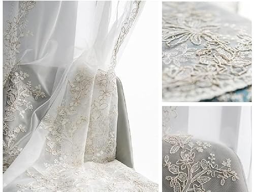 Miniatura 6 de Amidoudou 1 par de cortinas de tul bordadas de lujo para sala de estar, boda, cortinas transparentes con flores doradas 3D (blanco, 51 x 90 pulgadas)