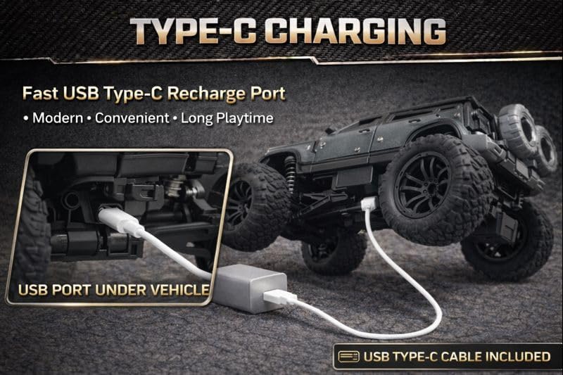 Image of 200+ Feet Range Rechargeable Metal Body Defender RC Rock Crawler Car with Double Mist Spray, LED Headlights, Type-C Port, Off-Road Remote Control Monster Truck Toy for Kids (Black)
