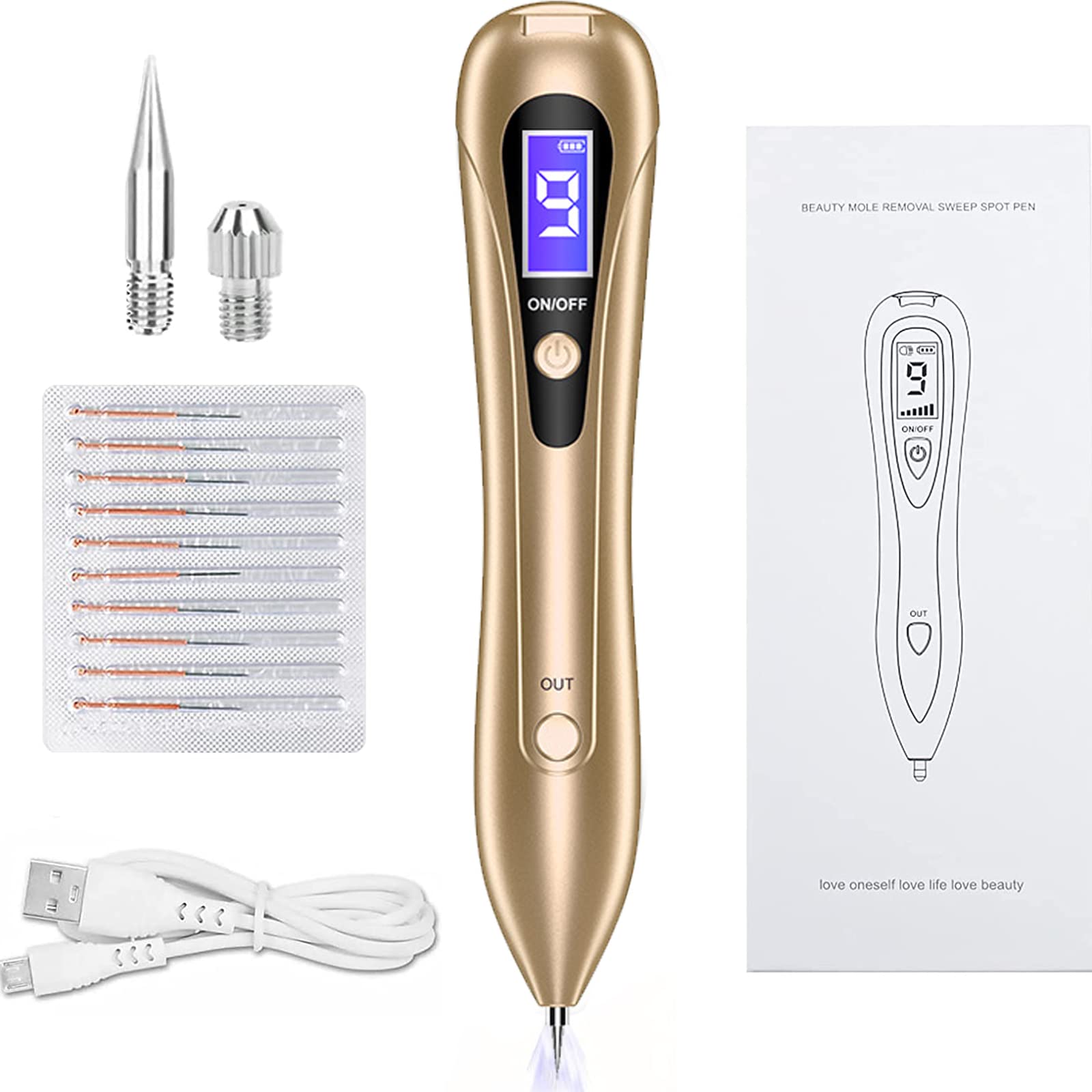 VUCATIN Mole Remover Pen,Portable Skin Tag Remover Pen with 9 Strength Levels 10 Replaceable Fine Needles, for Face Body Wart Freckle Nevus Spot Treatment and Age Spots (Gold)