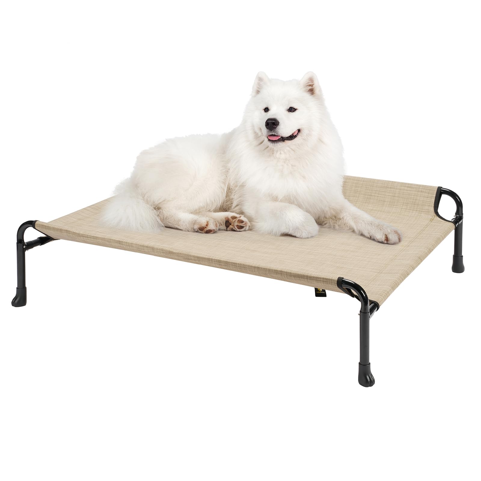 Veehoo Elevated Dog Bed, Cooling Raised Dog Bed with Guardrail & Headrest, Upgraded Non-Slip Silicon Feet, Breathable Teslin Mesh, Portable Pet Cot for Indoor and Outdoor, 35 x 22 Inches, Beige Coffee