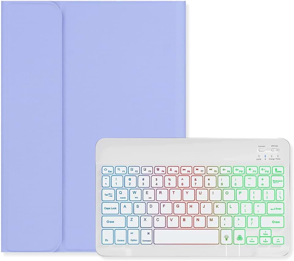 Capa com teclado retroiluminado para Galaxy Tab S10 Lite/ S10 FE/ S9 FE 11 polegadas, Tab S9/S8/S7 11 polegadas, capa com luz de fundo colorida RGB, teclado destacável fofo cor doce, roxo +