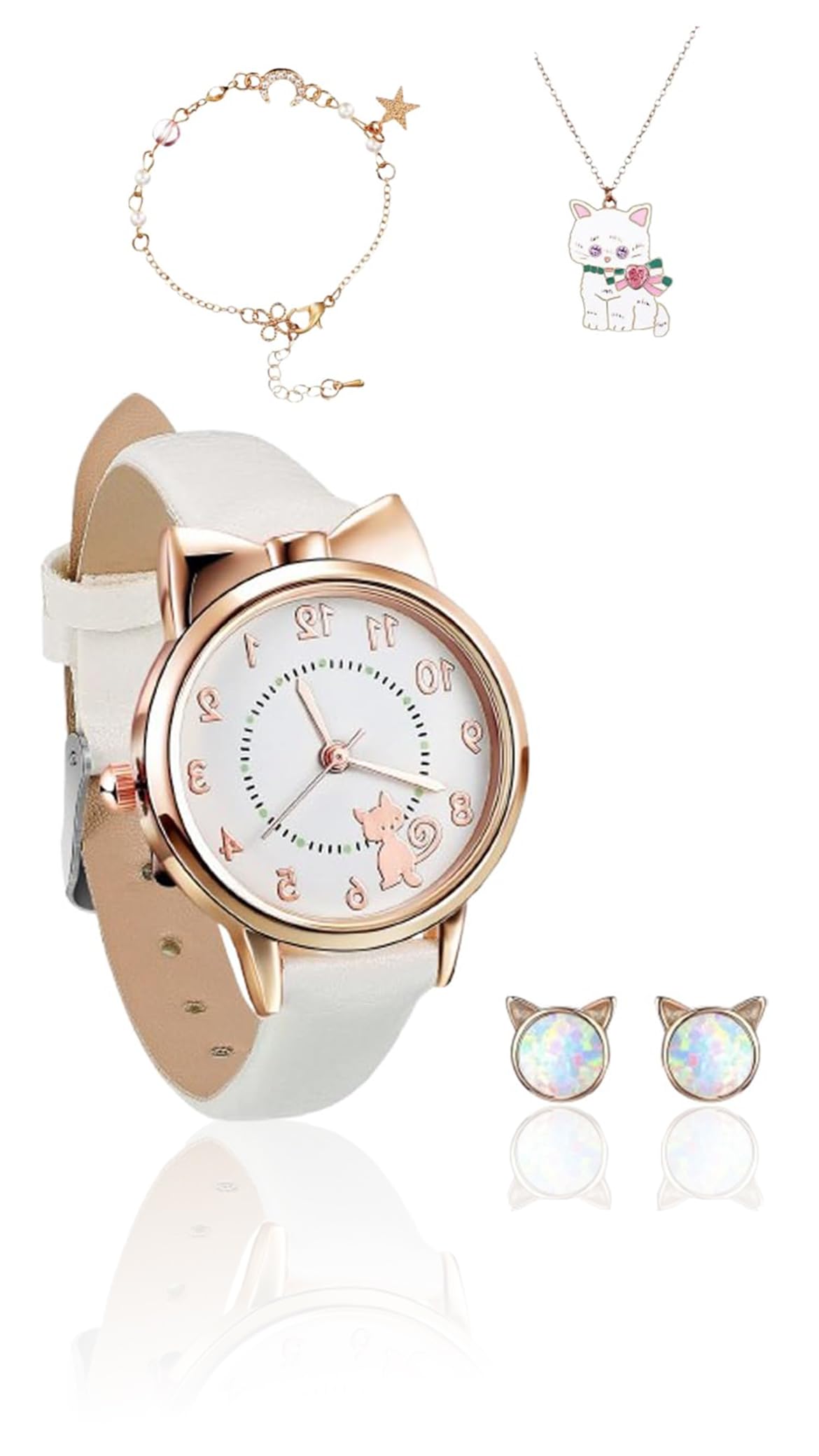 Sweet seven Adorable Kids' Cat Watch and Silver Plated Jewellery Set - Includes PU Strap Watch, Cute Cat Necklace, Bracelet and Cartoon Cat Ear Clip - Perfect for Girls' Birthdays White