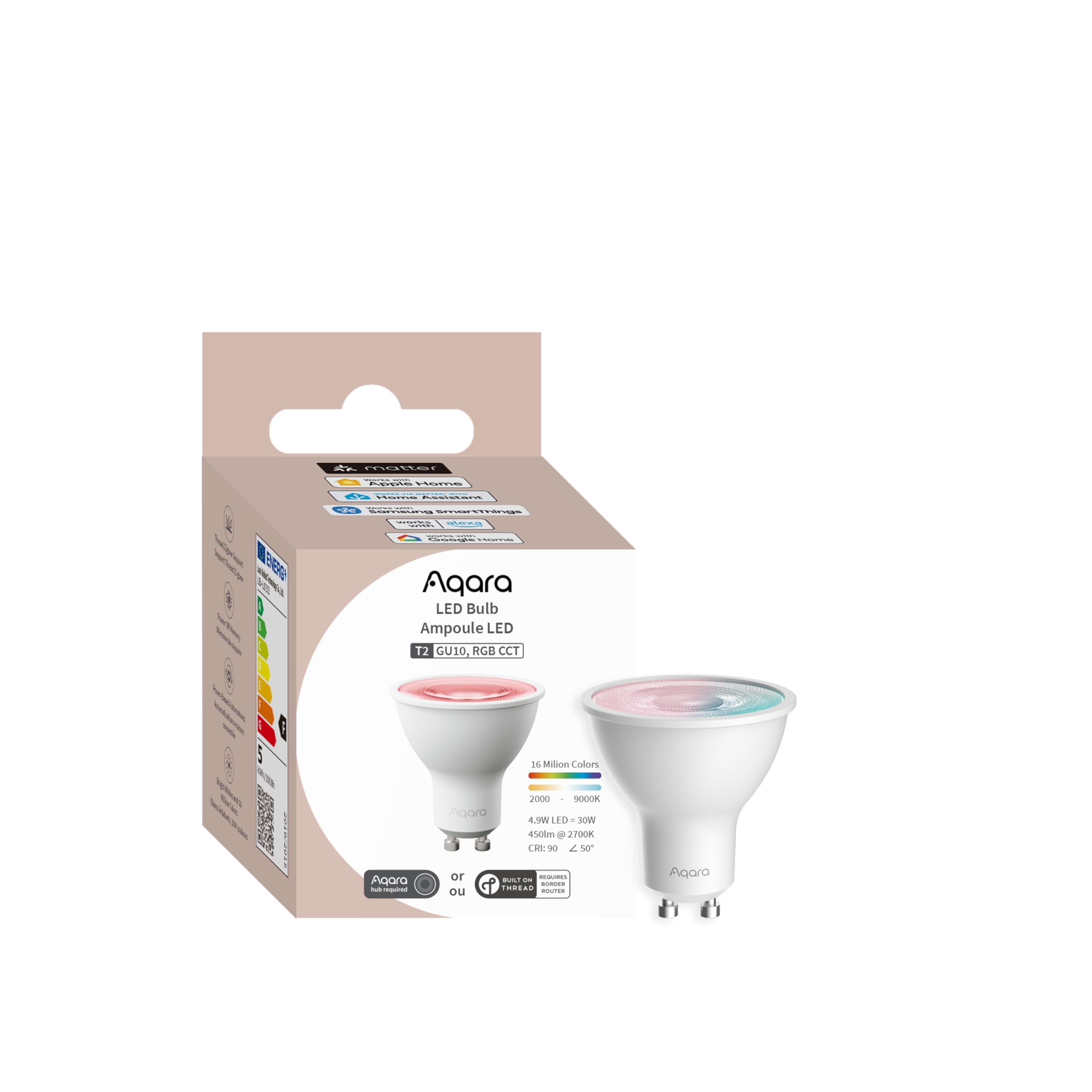 Aqara LED-Glühbirne T2 (GU10, RGB CCT), Thread/Zigbee, Einstellbar Weiß (2000 K-9000 K), RGB-Farbwechsel-Glühlampe mit 16 Millionen Farben, 30 W Äquivalent, Matter, für HomeKit, Alexa, Google