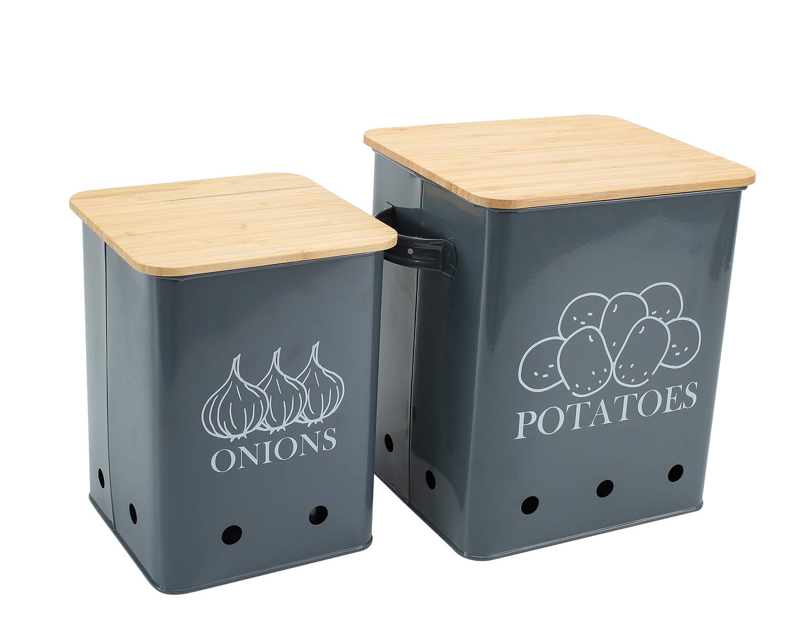 Gdfjiy Kitchen Vegetable Storage Tins Set of 2 for Potatoes, Onion, with Wooden Lid Garlic Bin Caddy, Long Shelf Life-Grey
