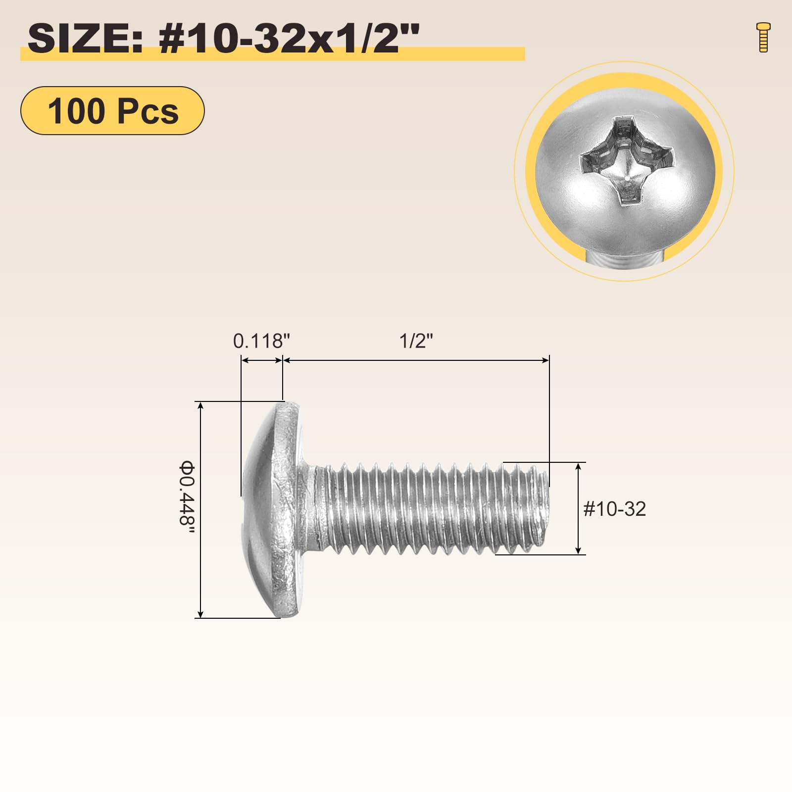 METALLIXITY Machine Screws Phillips Head(#10-32x1/2") 100Pcs, 304 Stainless Steel Round Head Phillips Drive Furniture Bolts - Image 2