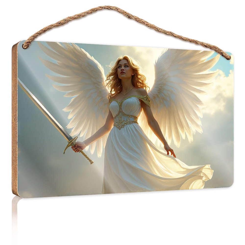 Hanging Door Sign Plaque Angel With Wings Holding A Sword. Bar Signs For Home Decor Posters For Teens(20X30CM)