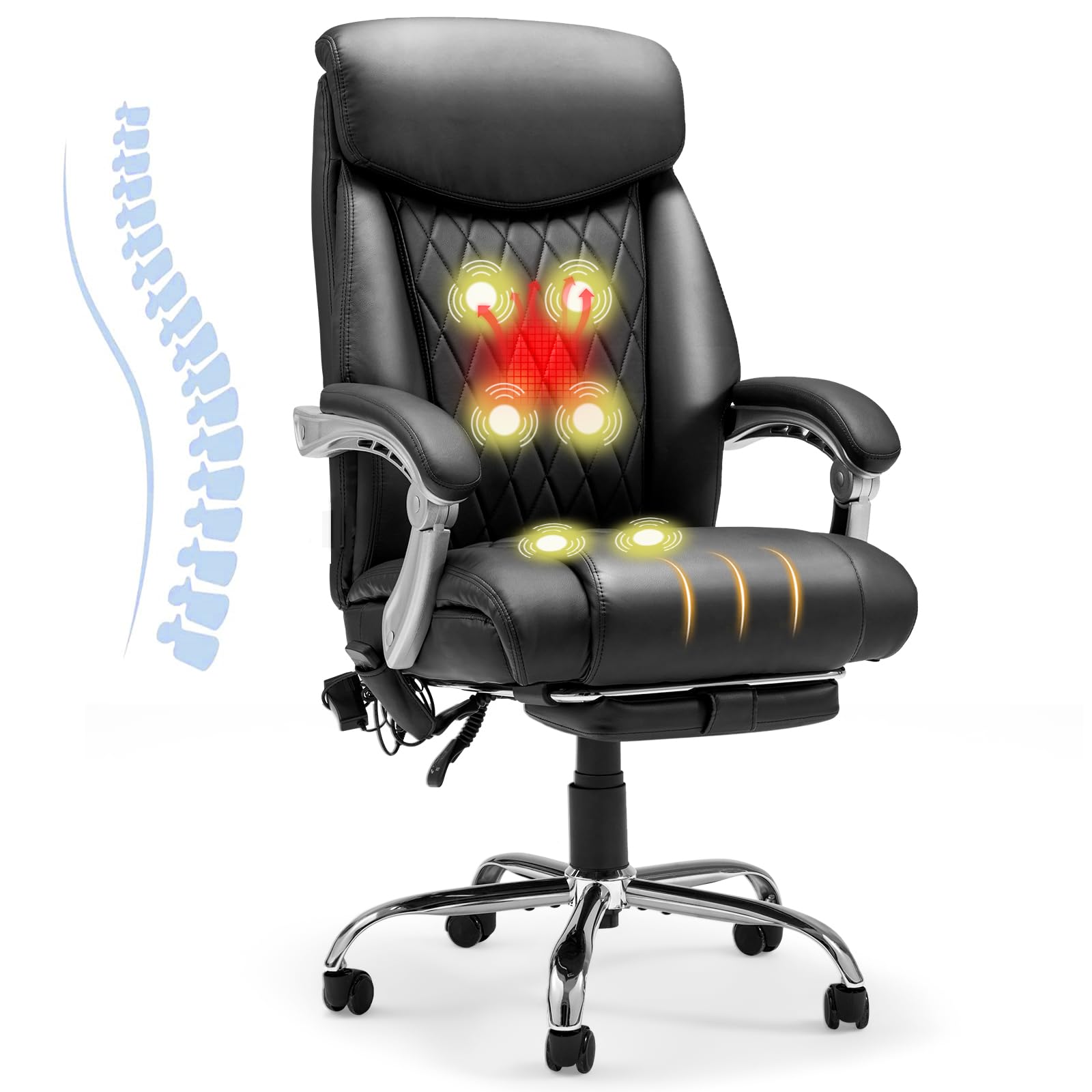 HOMREST 6-Point Massage Office Chair with Footrest, Executive Office Chair with Reclining Backrest, Heated Ergonomic Chair with Padded Armrest, Black