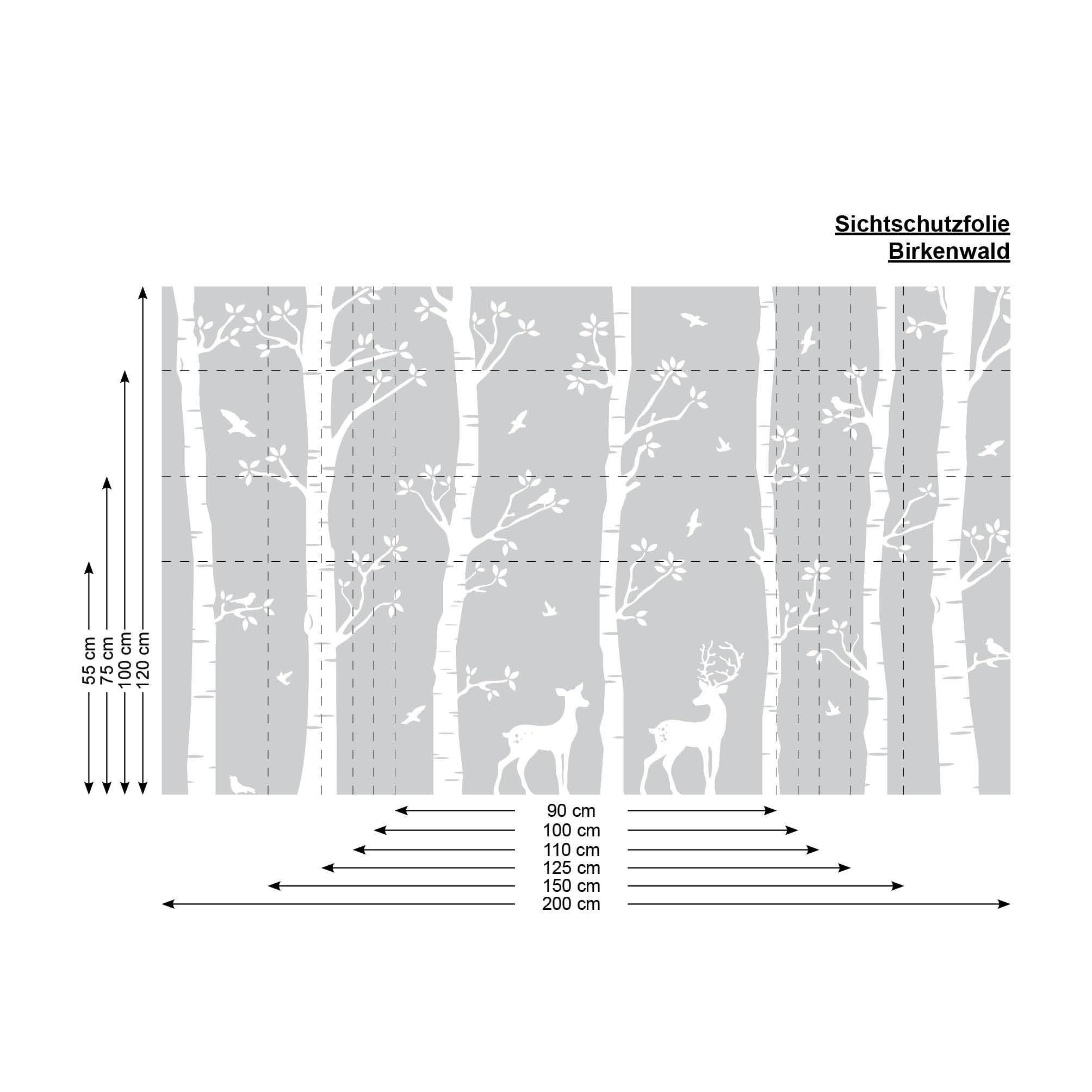 Sichtschutzfolie Birkenwald mit Hirschen Fensterfolie Fensterdeko Milchglasfolie, 55 cm hoch, 125 cm breit