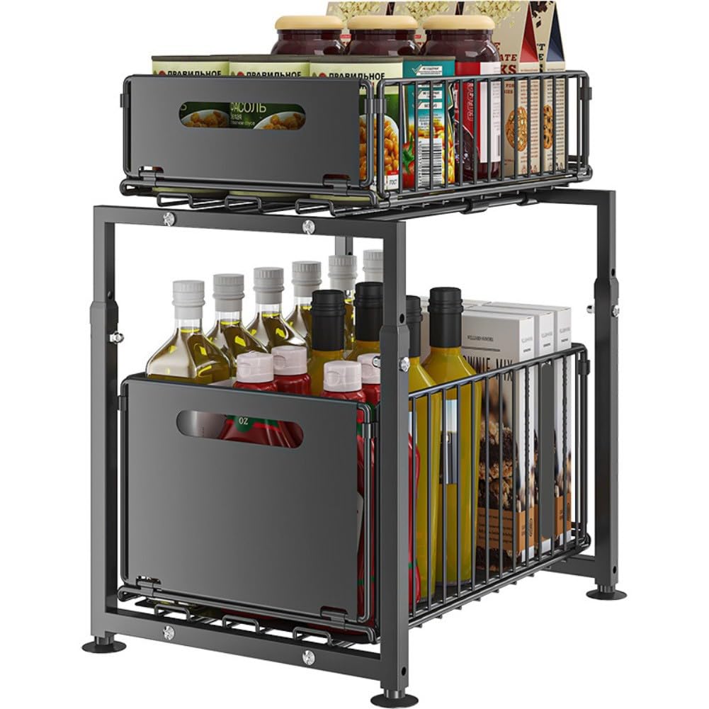 XBTGS Mensola regolabile sotto il lavello con design estraibile a 2 ripiani in acciaio al carbonio per cucina o bagno, altezza 41-49 cm mize spazio e disordine,
