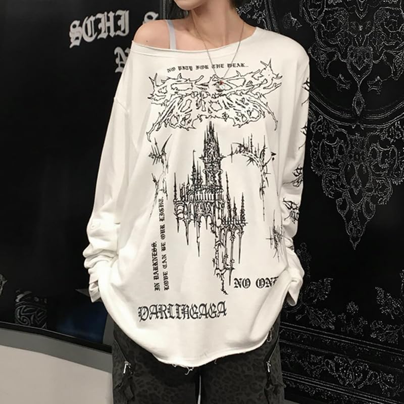 Women's Y2K Retro Printed Slanted Shoulder top, Loose and Slimming, Casual and Versatile Long Sleeved T-Shirt2