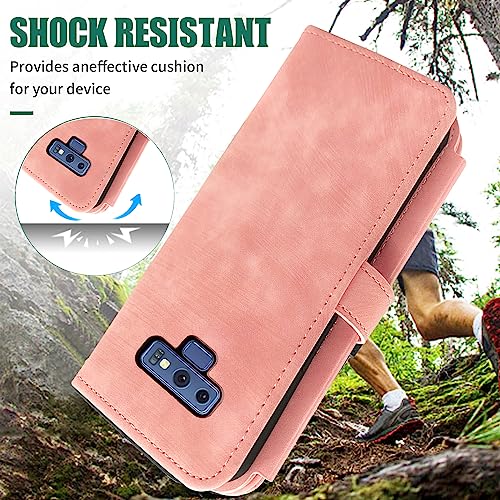 Image of Compatible with Samsung Galaxy Note 9 Wallet Case 9 Card Slots Retro Leather Flip Card Holder Stand Cell Accessories Strap Rugged Wrist Credit Purse Folio Phone Cover for Note9 Not S9 Women Men Pink