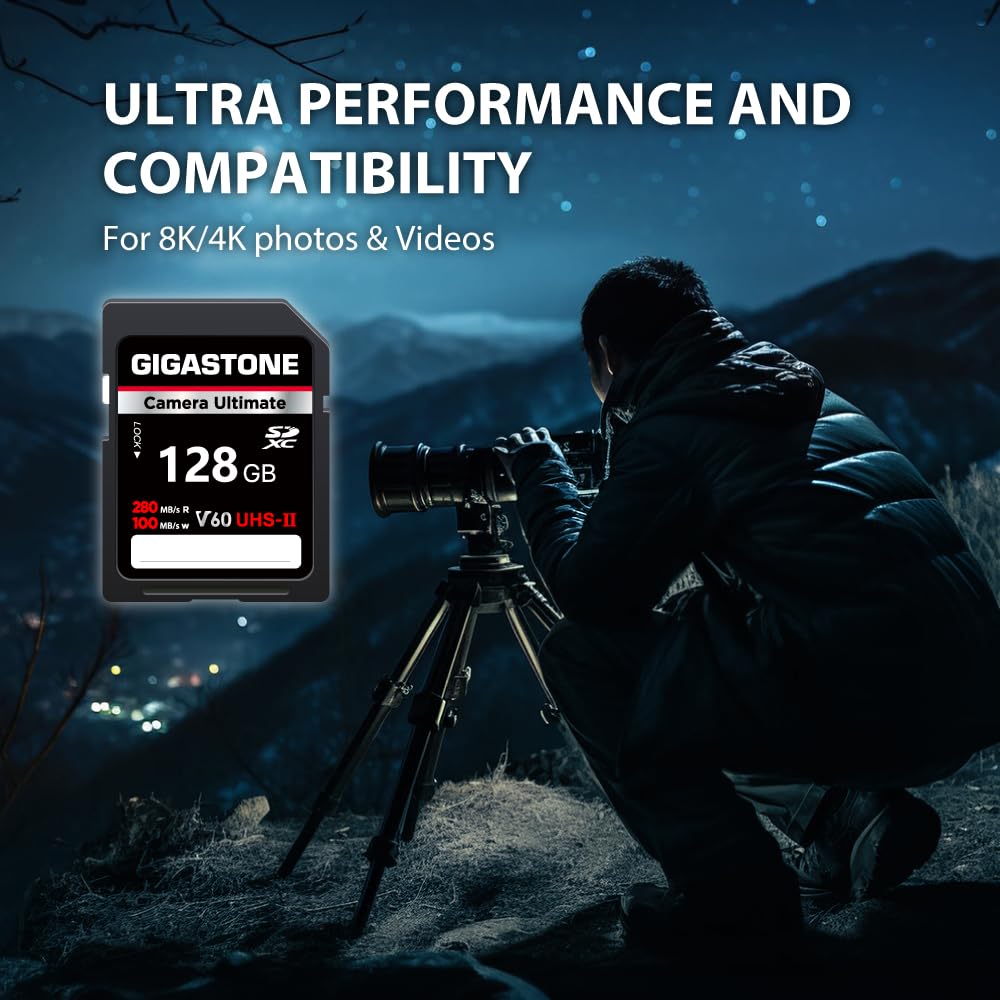 GIGASTONE UHS-II V60 128 GB Zestaw 2 kart SD, Camera Ultimate, prędkość do 280/100 MB/s, U3 SDXC 4K Ultra HD UHD Video do DSLR Canon, Nikon, Sony, Pentax, Kodak, Panasonic, z 2 mini etui