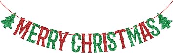 Merry Christmas Banner - Christmas Holiday Bunting Garlands - Festive Party Decor/Winter Mantle Home Decor/Xmas Party Decoration Supplies, Green Glitter