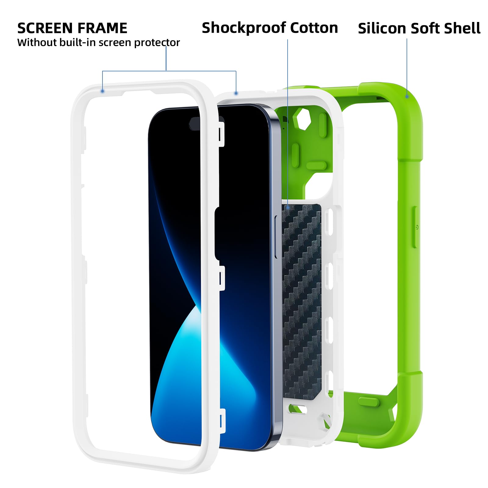 Compatibile con iPhone 15 Pro Max 6,7" - Custodia resistente agli urti di grado militare con anello di supporto, protezione per lo schermo in vetro e protezione per lenti della fotocamera