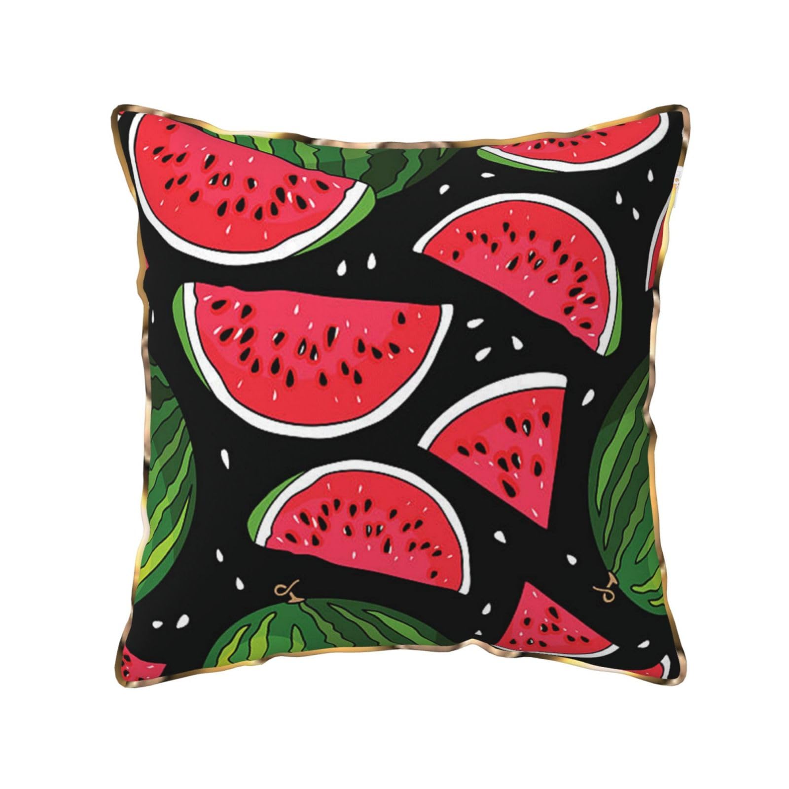 AUBKFELD Watermelon Printed Velvet Cushion Cover 45x45 CM with Gold Edging Strip, Square Pillowcase Soft Throw Pillow Covers Case Decorative for Living Room Sofa Couch Bed Bench