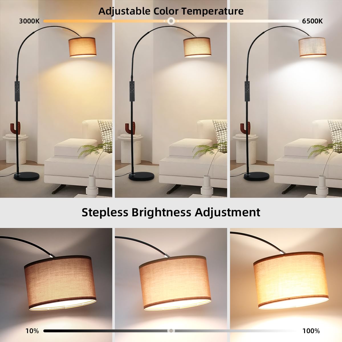 ANTENLICHT AURA Lampada ad Arco con Telecomando | Lampada da Terra Dimmerabile | Con LED E27, Paralume in Lino 33 cm Marrone | Interruttore a Pedale | Design Vintage per Camera, Hotel