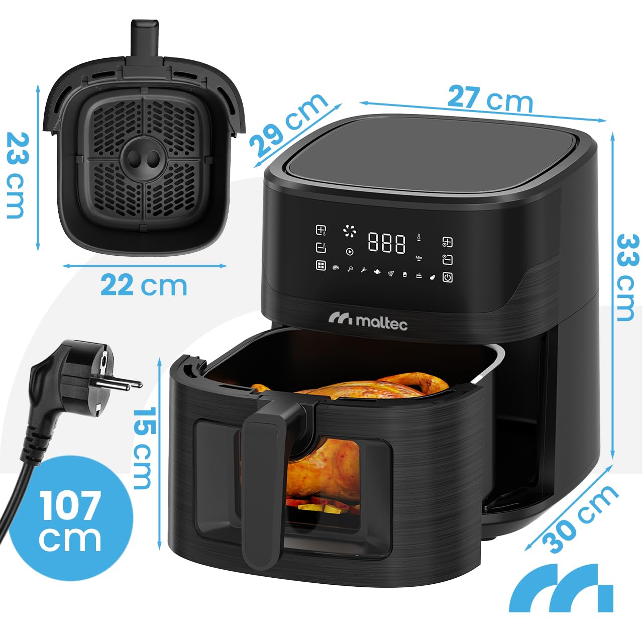 MalTec Frytkownica na gorące powietrze Air Fryer 7 l 1800 W, okienko, 8 programów