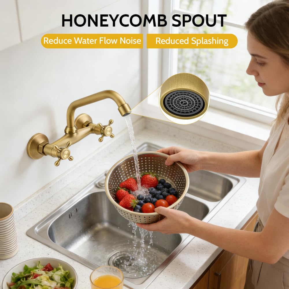 Rubinetto Bagno Lavabo a Muro in Ottone Anticato, Miscelatore Vintage per Cucina con 2 Tubi Flessibili, Girevole 360° con Doppia Manopola, Bocca 25 cm